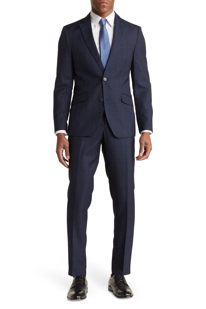 Hoxton Navy Grid Check Two-Button Notch Lapel Suit, Main, color, NAVY