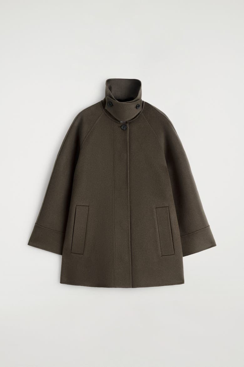 Mock-Neck Double-Faced Wool Short Coat, Alternate, color, BROWN