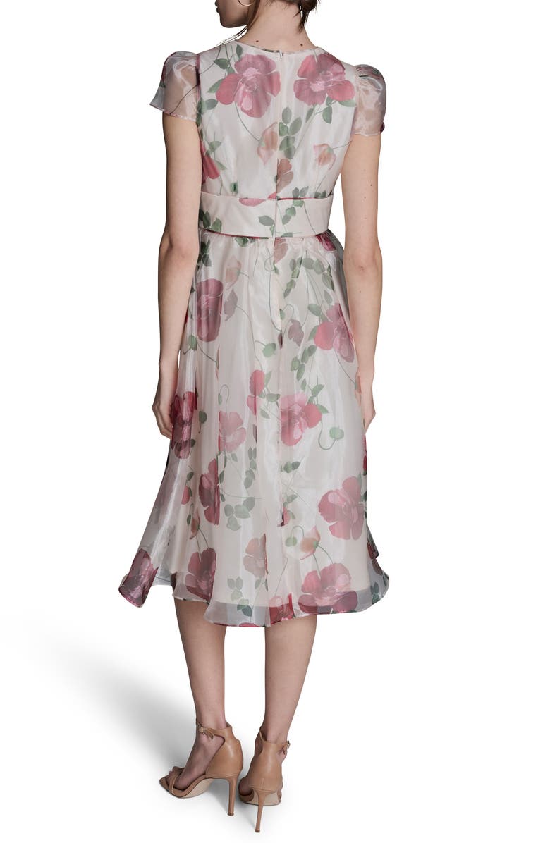 BCBG Floral Cap Sleeve Organza Fit & Flare Midi Dress, Alternate, color, Ecru Multi