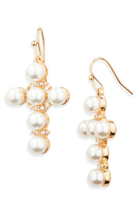 Faux Pearl Cross Earrings