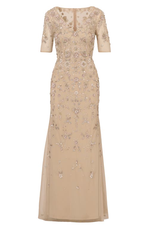 Adrianna Papell Beaded Mesh Gown In Biscotti