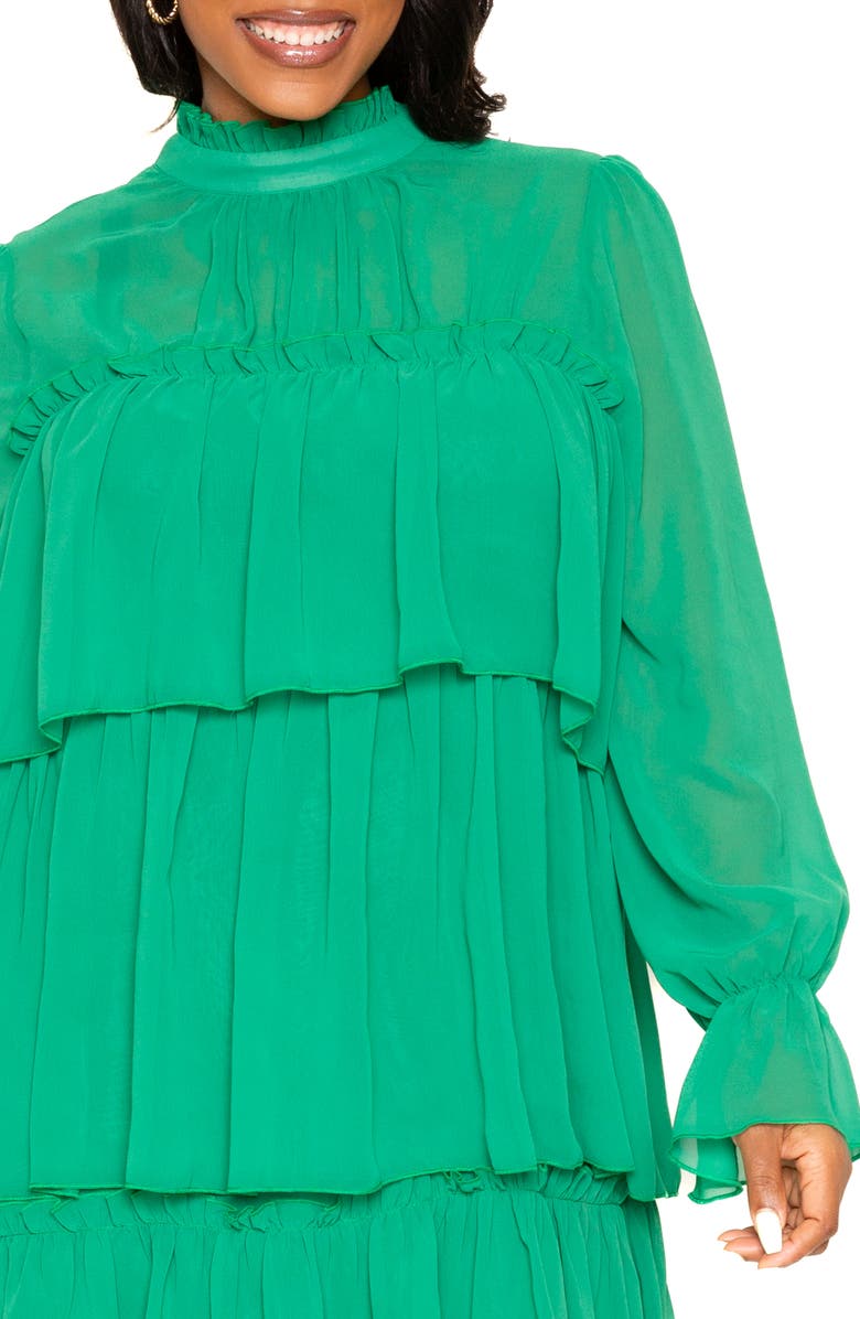 BUXOM COUTURE Tiered Long Sleeve Minidress, Alternate, color, Green