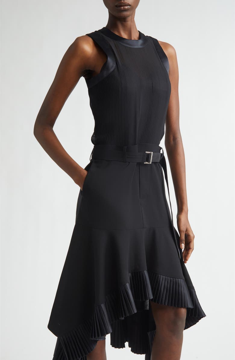 Sacai Suiting X Satin Dress, Alternate, color, Black