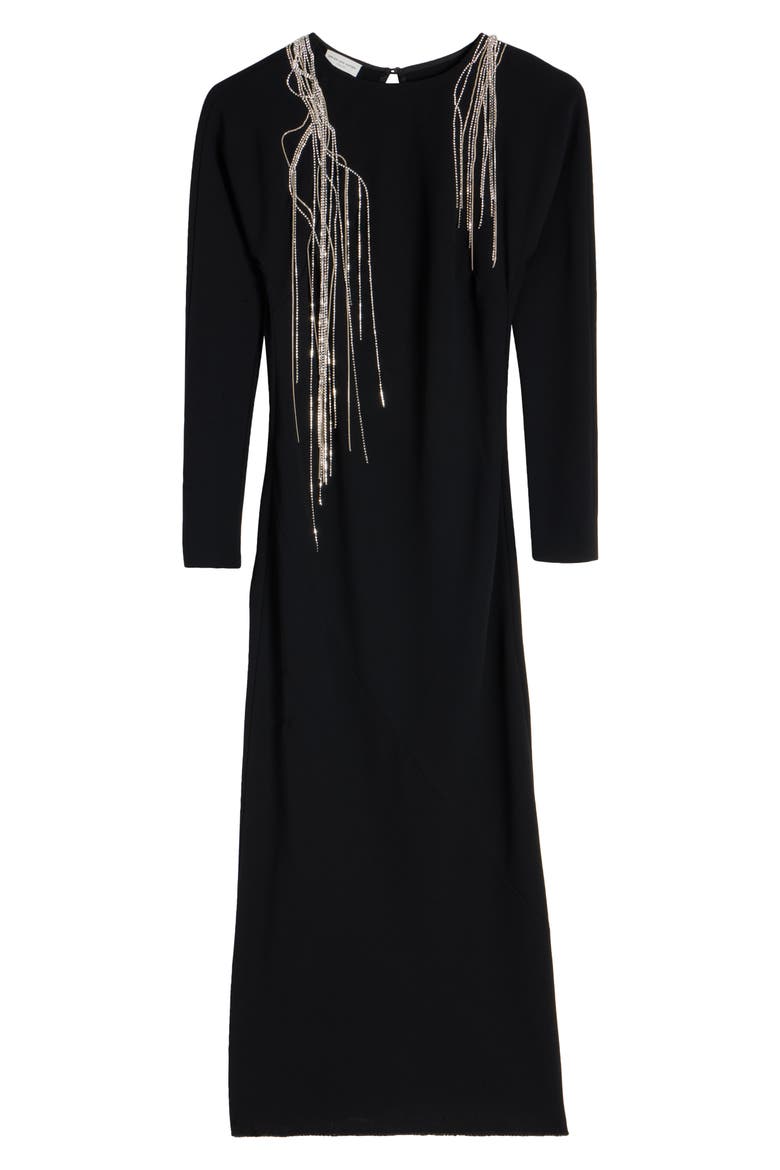 Davion Crystal Chain Raw Hem Long Sleeve Midi Dress, Alternate, color, BLACK