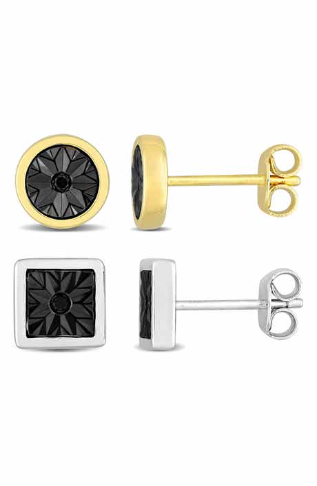 DELMAR Men's Set of 2 Black Diamond Square & Round Stud Earrings