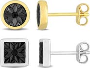 DELMAR Men's Set of 2 Black Diamond Square & Round Stud Earrings