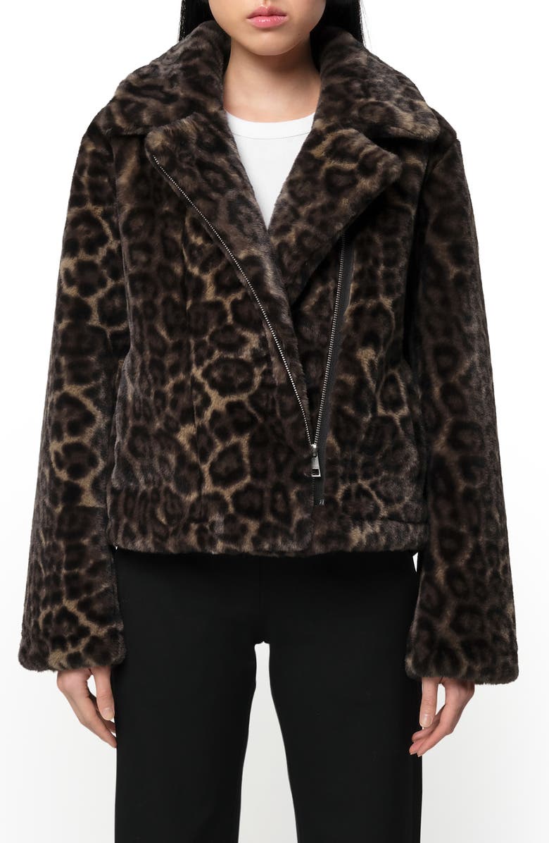 Apparis Dahlia Leopard Recycled Polyester Pluche<sup>™</sup> Faux Fur Biker Jacket, Main, color, 