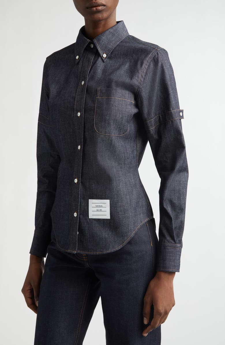 Thom Browne Denim Button-Down Shirt, Alternate, color, Navy