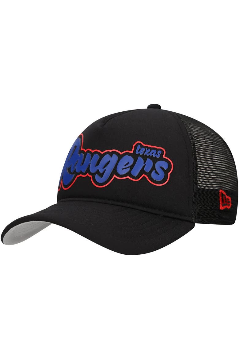 Men's New Era Black Texas Rangers Retro Bold A-Frame Trucker 9FORTY Adjustable Hat, Main, color, Black