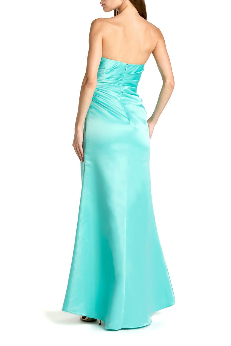 Women's Strapless Ruched Satin Gown with High Slit, Alternate, color, Turquoise