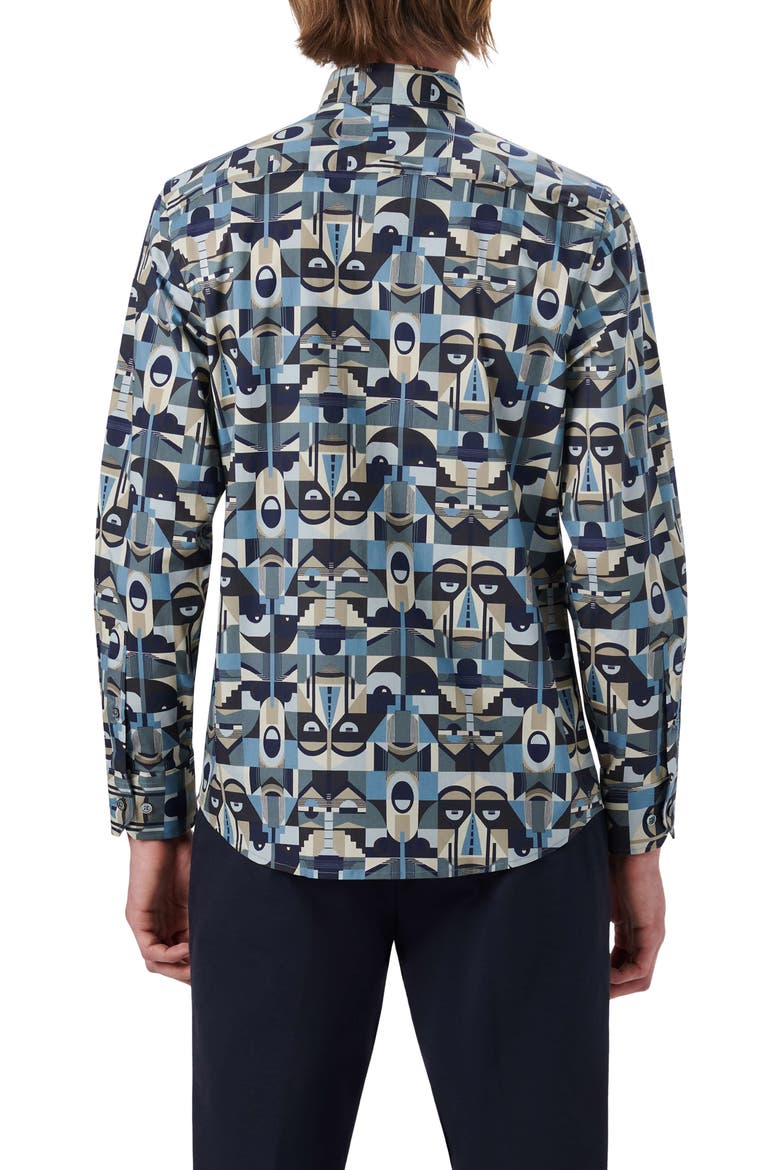 Shaped Fit Abstract Print Stretch Cotton Button-Up Shirt, Alternate, color, STEEL