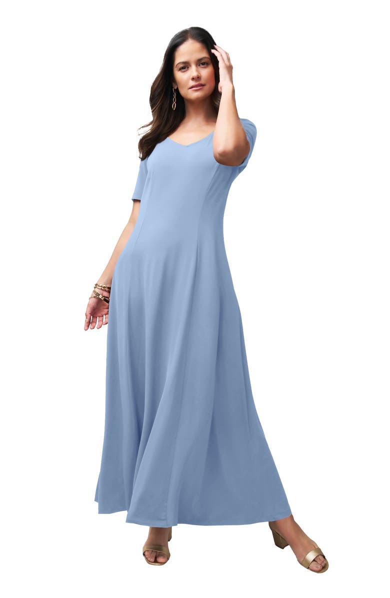 Jessica London Stretch Knit Sweetheart Maxi Dress, Main, color, Azure Mist