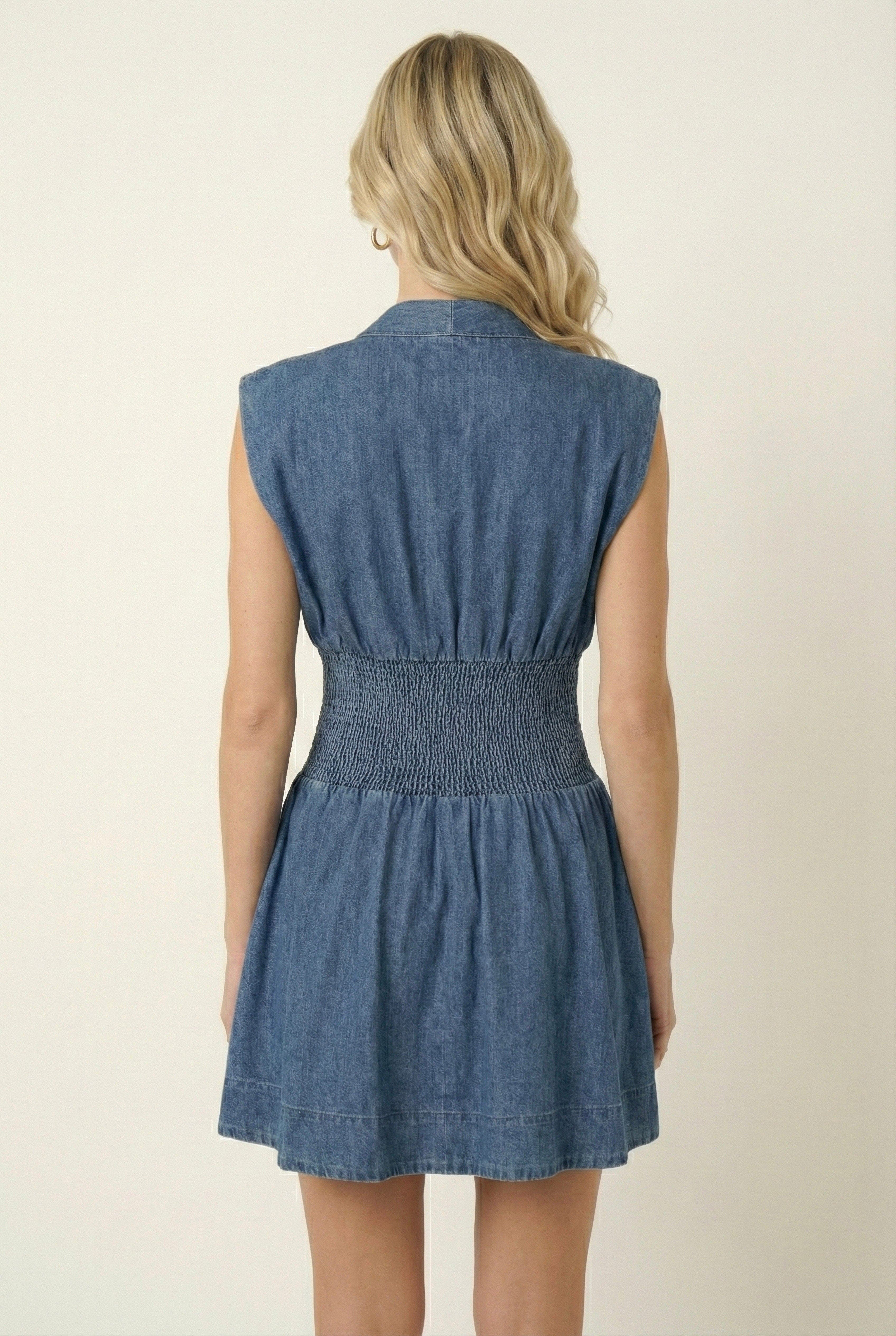 Denim Cap Sleeve Smocked Mini Dress - image 2
