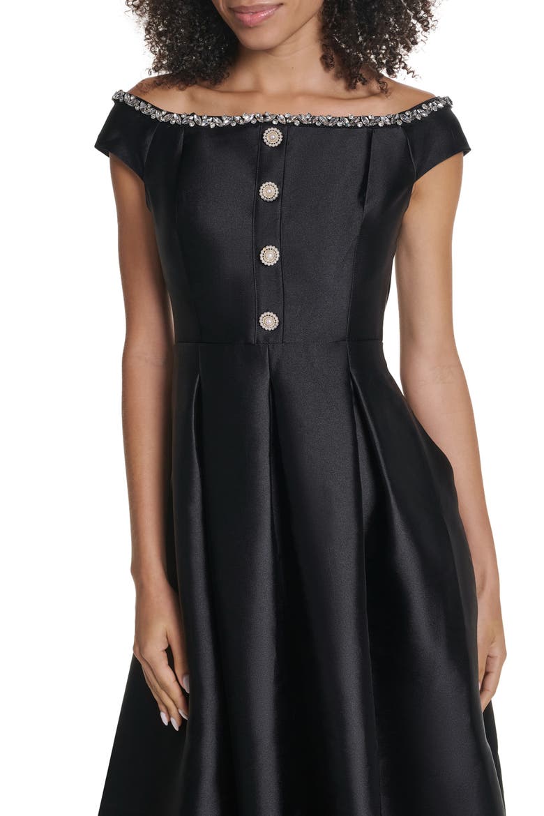 Rhinestone Off-the-Shoulder Satin Cocktail Dress, Alternate, color, BLACK