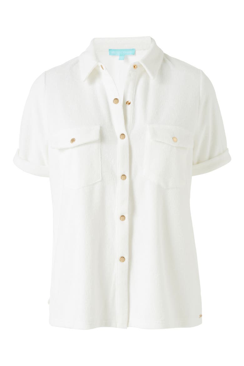 Tori Lounge Cotton-Blend Terry Snap Front Cover-Up Shirt, Alternate, color, WHITE
