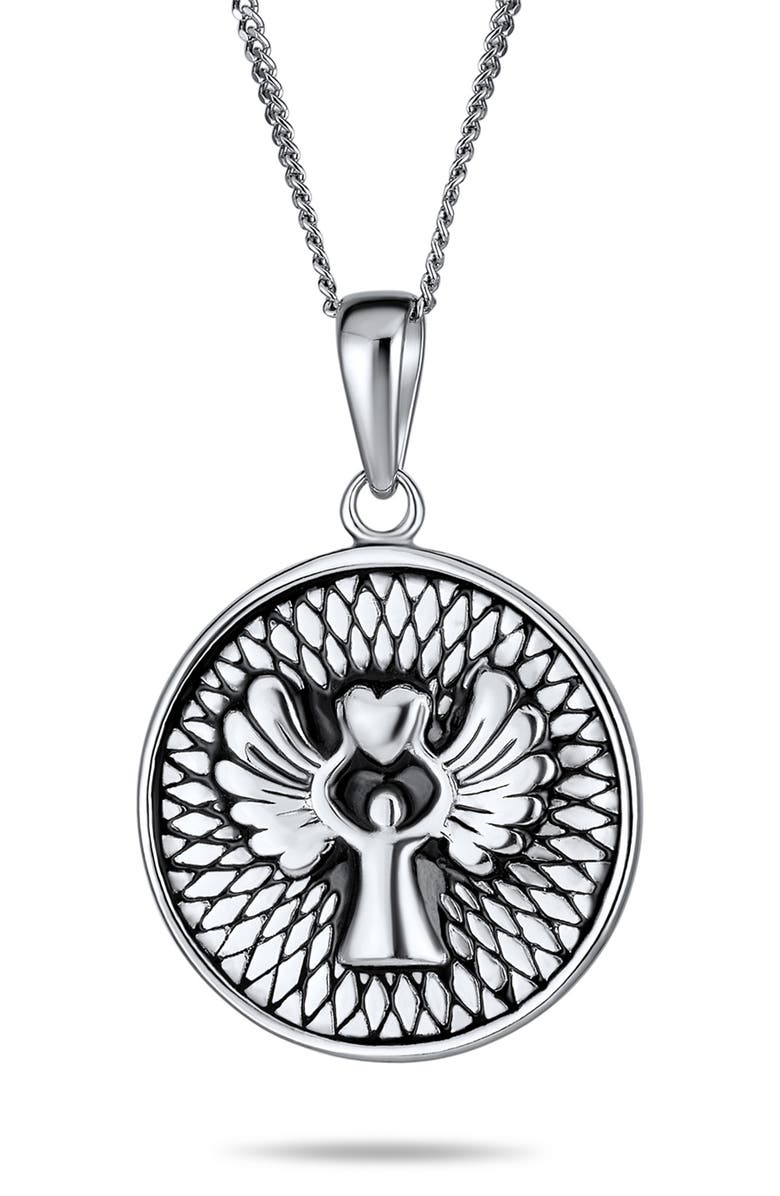 BLING JEWELRY Guardian Angel Round Pendant Necklace, Main, color, Silver