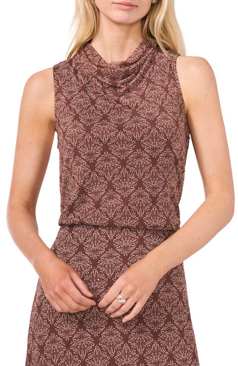 Ditsy Cowl Neck Sleeveless Mesh Top