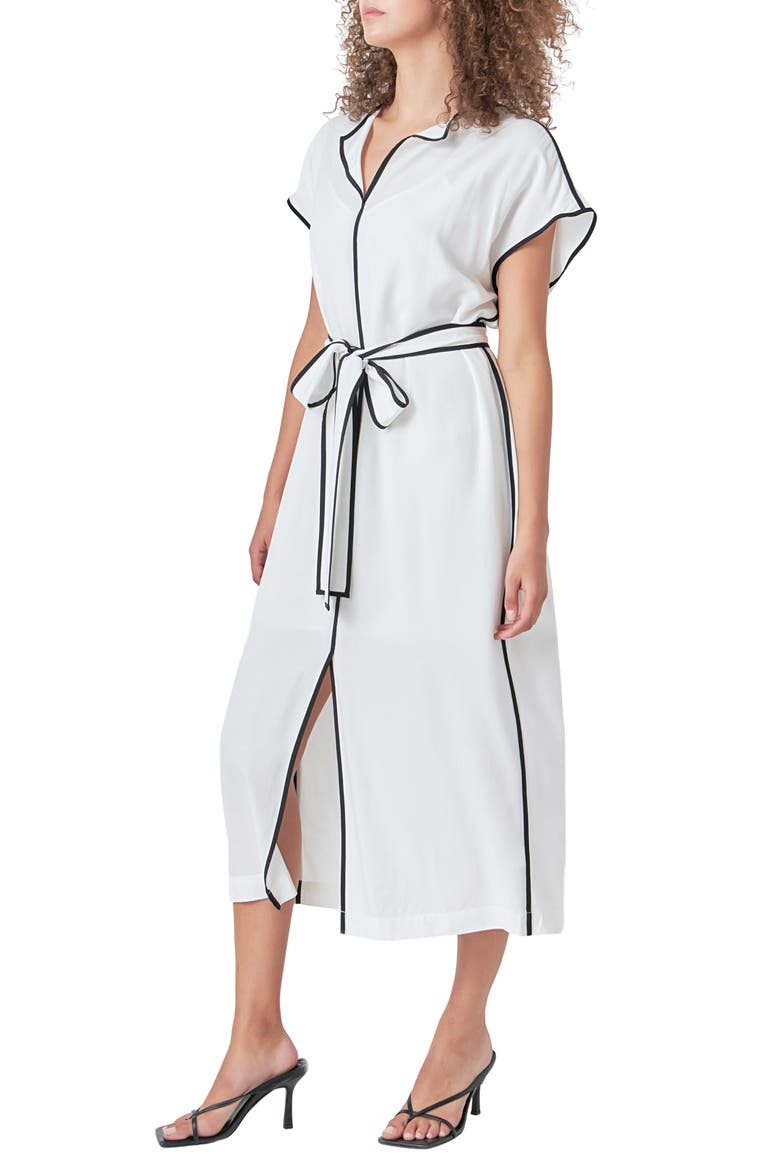 Contrast Binding Tie Belt Midi Dress, Alternate, color, WHITE/ BLACK