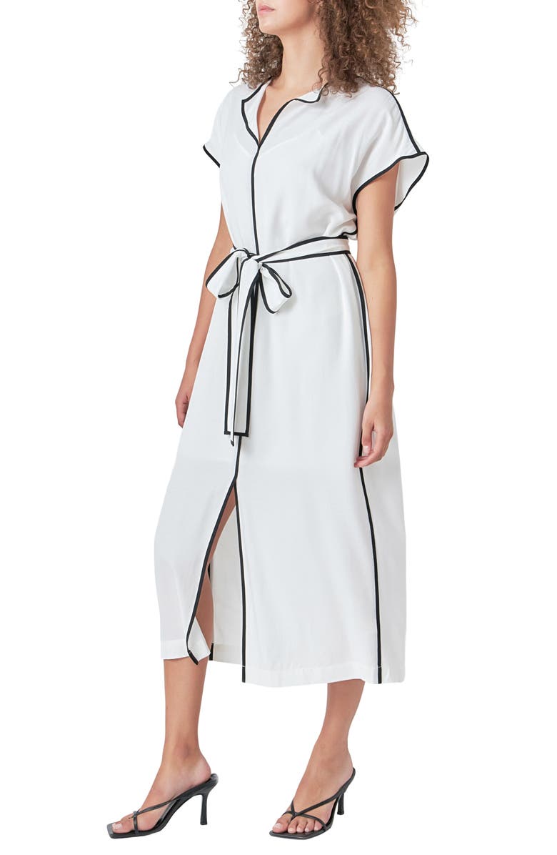 Endless Rose Contrast Binding Tie Belt Midi Dress, Alternate, color, White/ Black