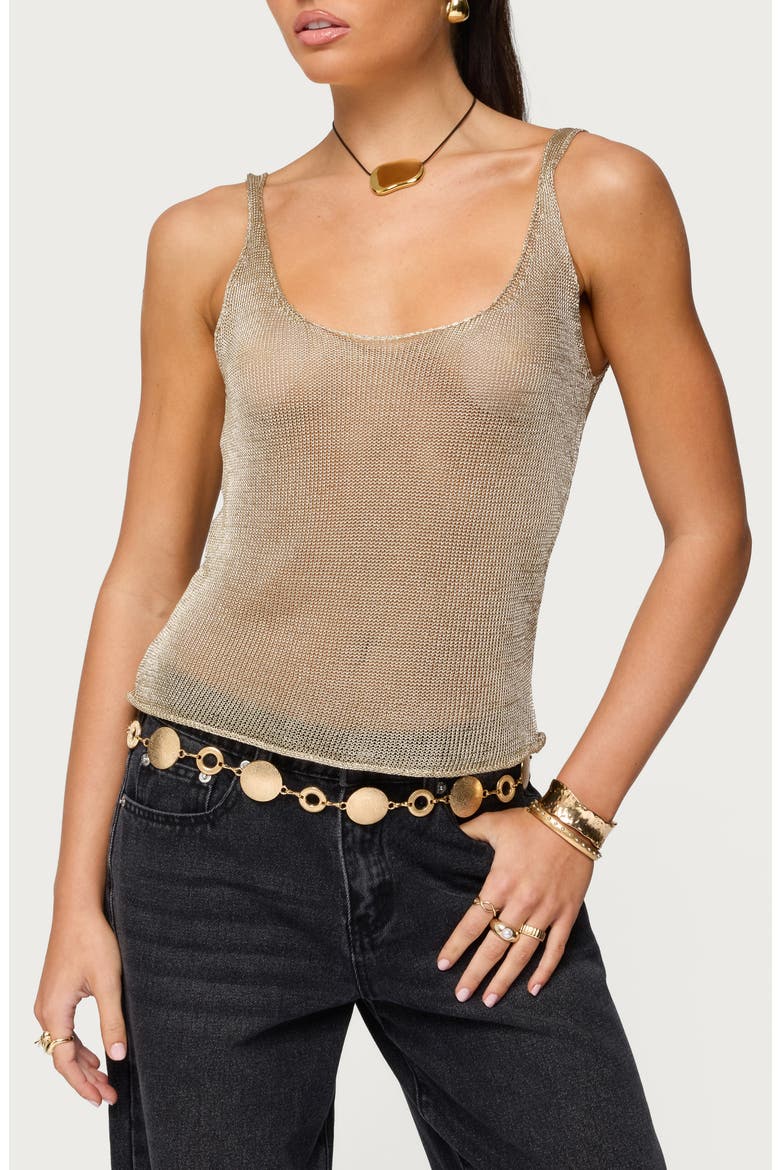 Meena Shiny Open Stitch Knit Tank, Main, color, GOLD
