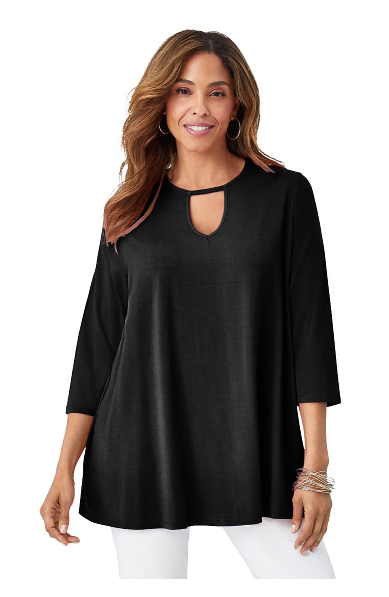 Jessica London Stretch Knit Keyhole Swing Tunic, Main, color, Black