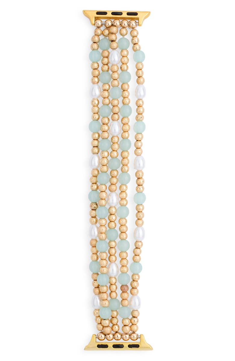 NORDSTROM RACK Bead & Faux Pearl Apple Watch<sup>®</sup> Watchband, Main, color, Mint- White- Gold