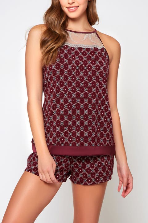Geometric Print Lace Halter Cami & Shorts Pajama Set