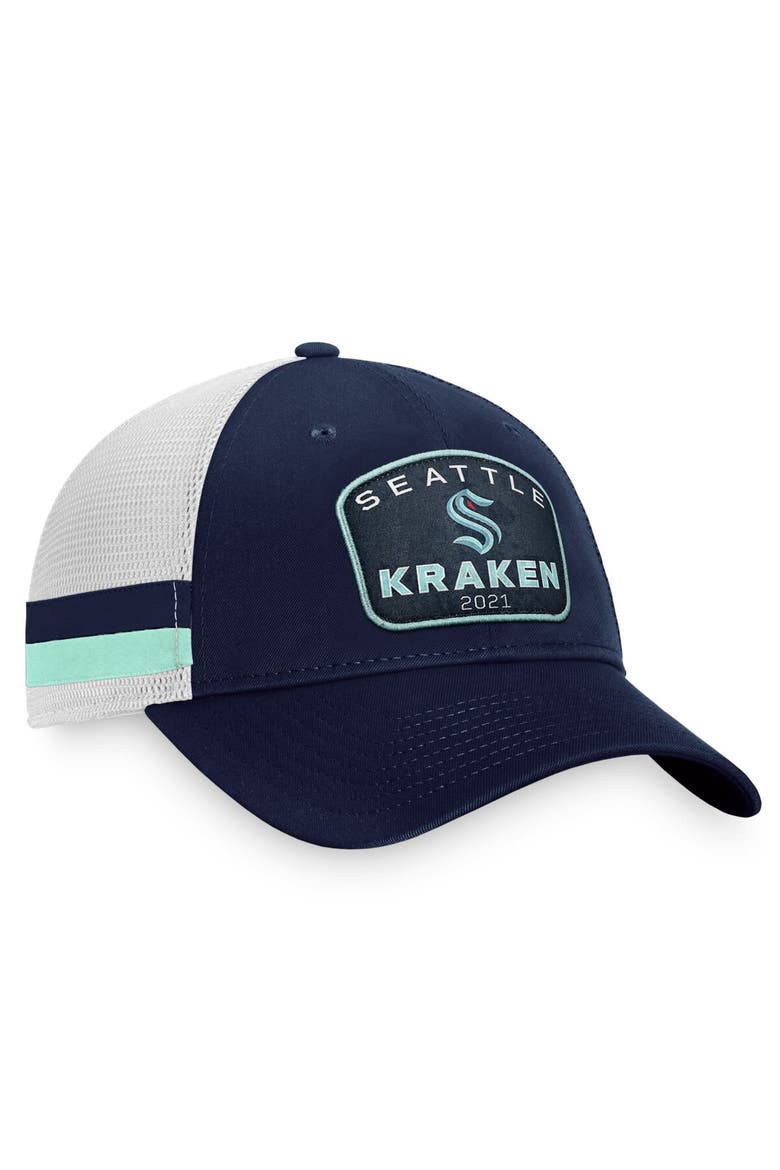 Men's Fanatics Branded Deep Sea Blue/White Seattle Kraken Fundamental Striped Trucker Adjustable Hat, Alternate, color, Navy