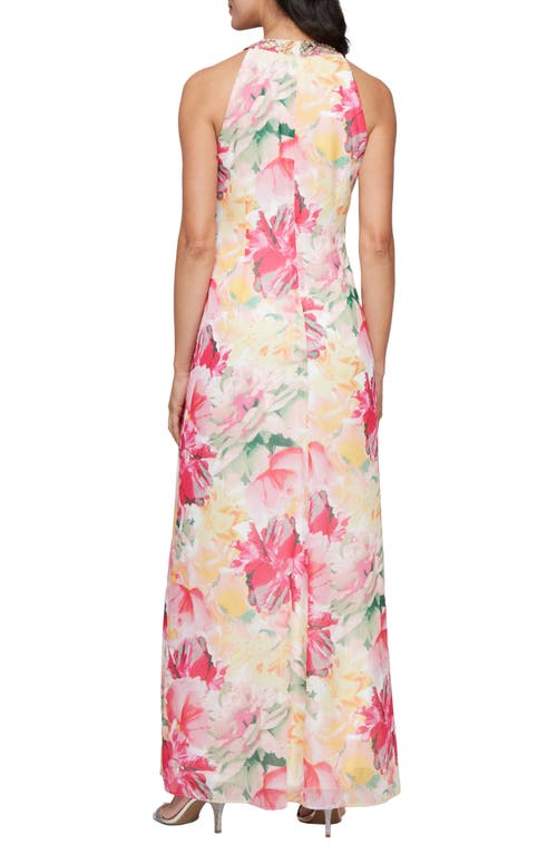 Shop Sl Fashions Floral Embellished Halter Neck Gown In Pink Multi