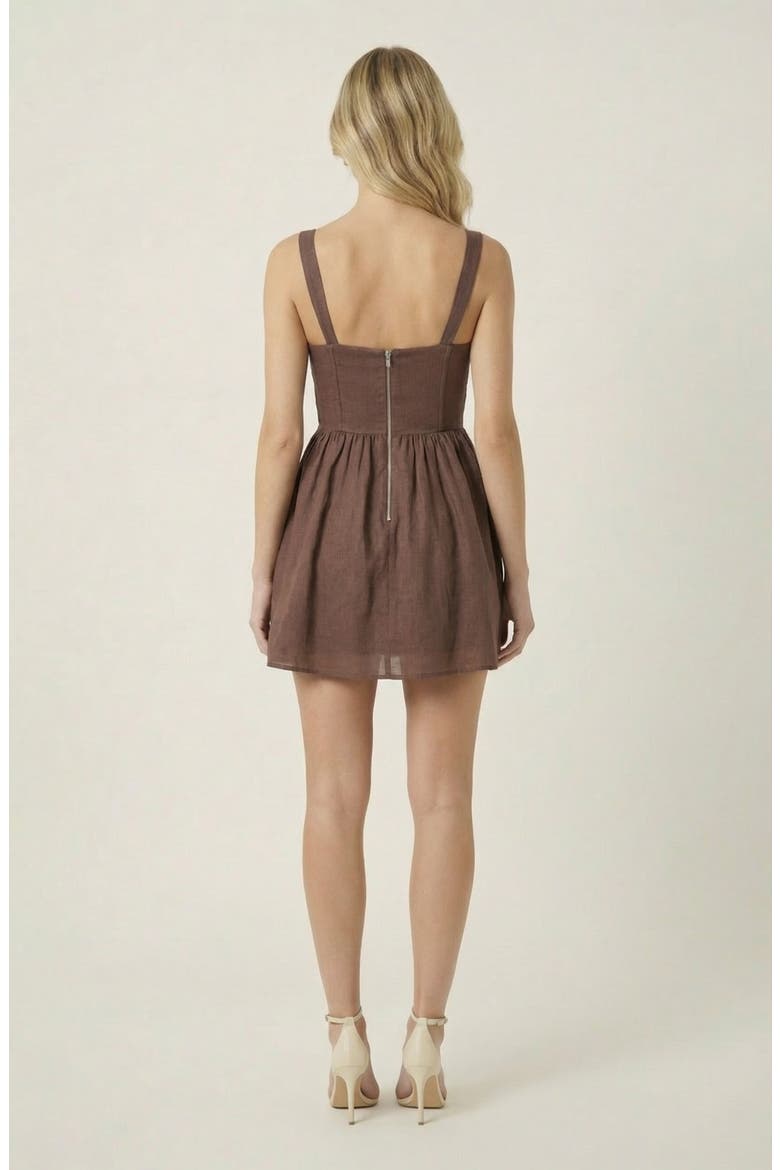 Sweetheart Corset Bodice Gathered Bust Flared Skirt Mini Dress, Alternate, color, Brown