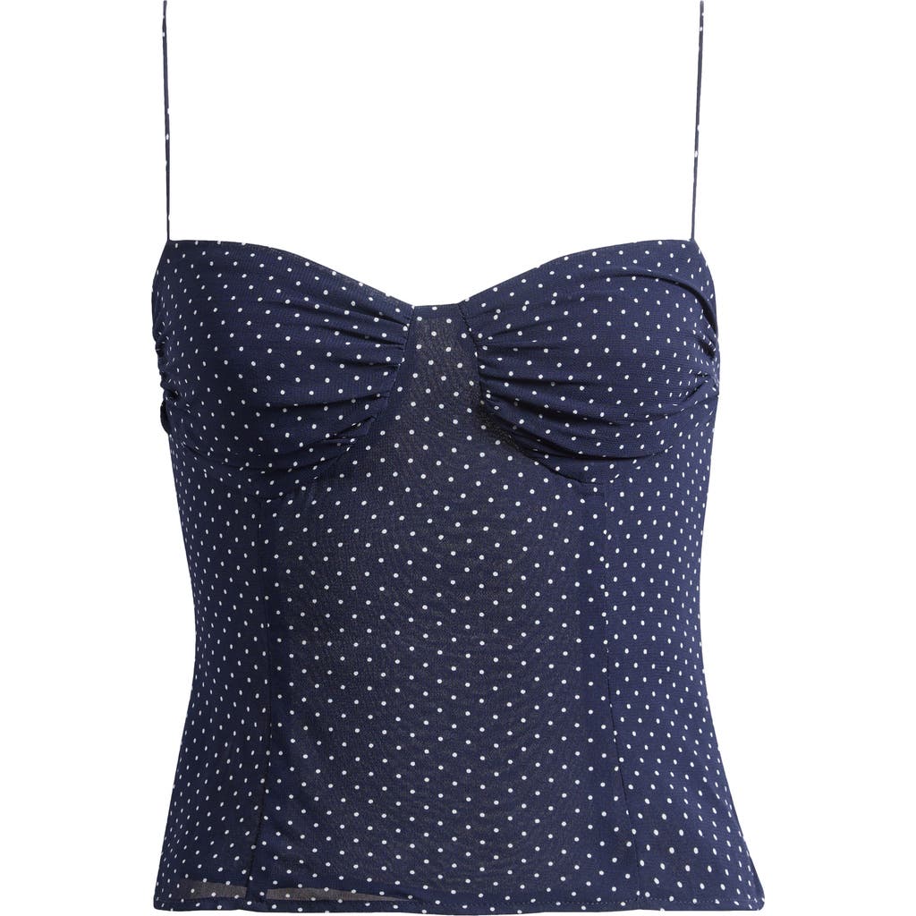 Reformation Pixie Polka Dot Mesh Top In Blue