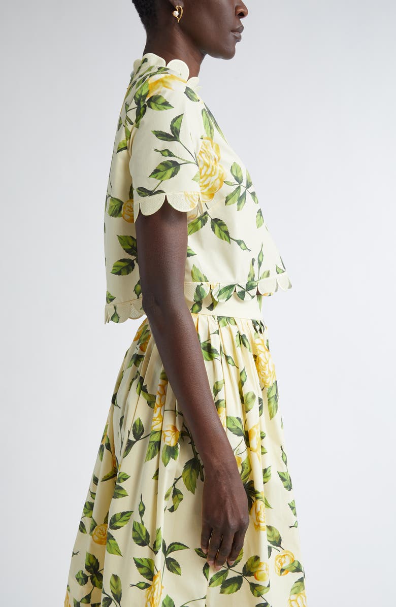 Oscar de la Renta English Rose Print Stretch Cotton Crop Top, Alternate, color, Yellow/ Soft Yellow