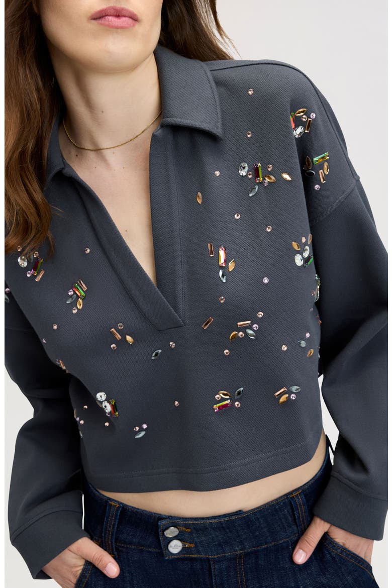 Crystal Embellished Rugby Polo Sweater, Alternate, color, ENGLISH GREY