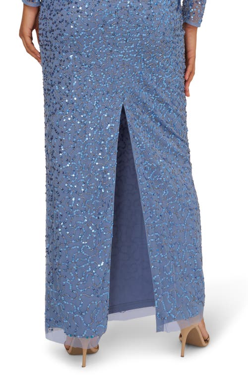ADRIANNA PAPELL ADRIANNA PAPELL BEADED OFF THE SHOULDER LONG SLEEVE MESH COLUMN GOWN