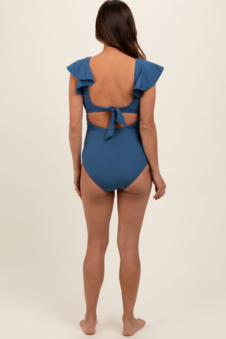 Ribbed Ruched Cutout Flutter One Piece Maternity Swimsuit, Alternate, color, Blue