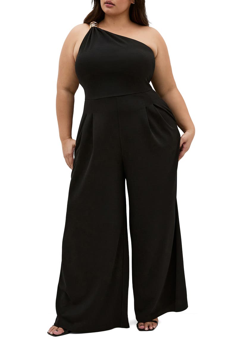 Amber Asymmetric One-Shoulder Jumpsuit, Main, color, BLACK