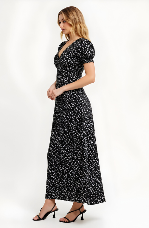 Modenaire Floral Print Maxi Dress With Puff Sleeves In Black
