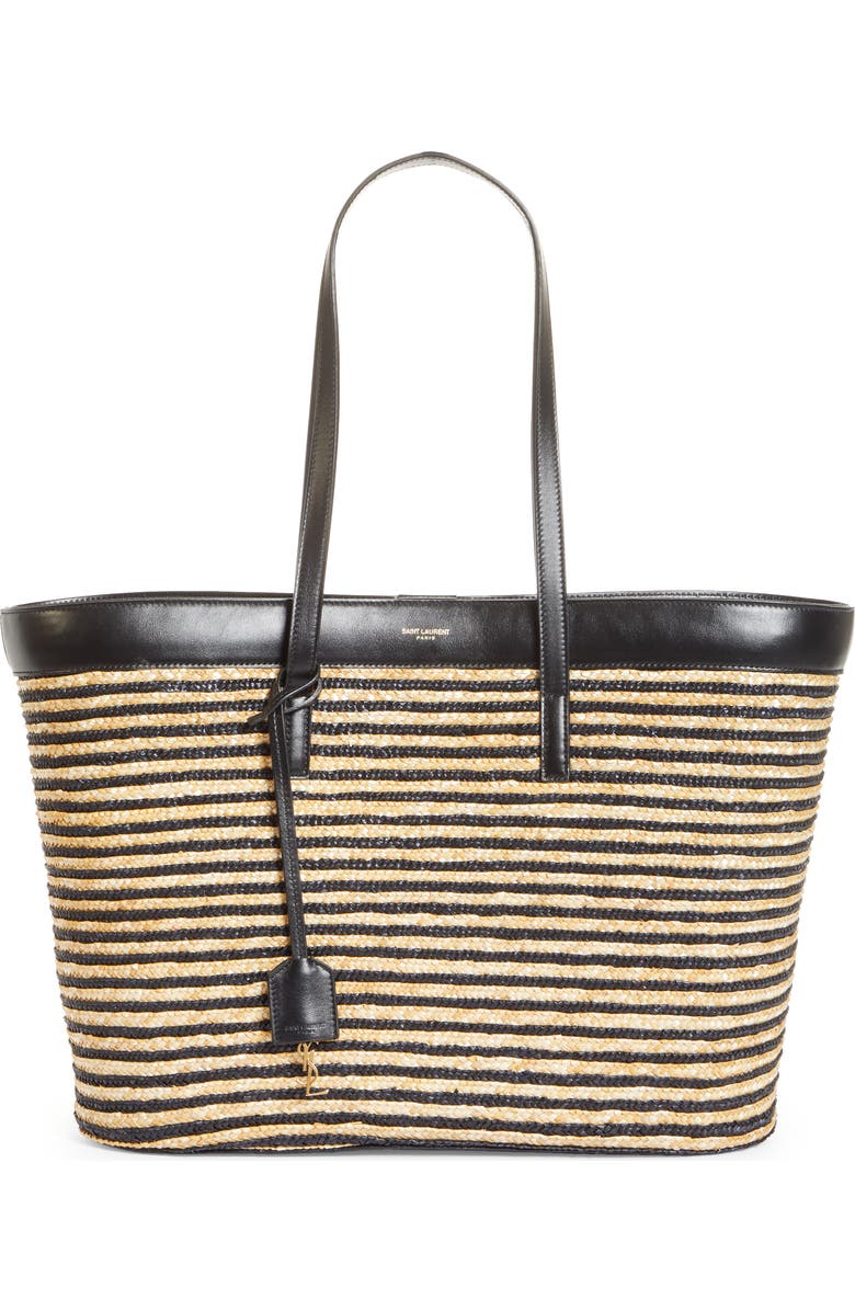 Saint Laurent Stripe Straw Shopper, Main, color,