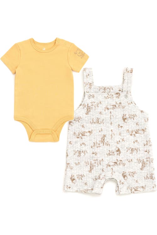 Disney Babies'  Winnie The Pooh 2-piece Bodysuit And Shortall Set In Pooh Yellow Grey