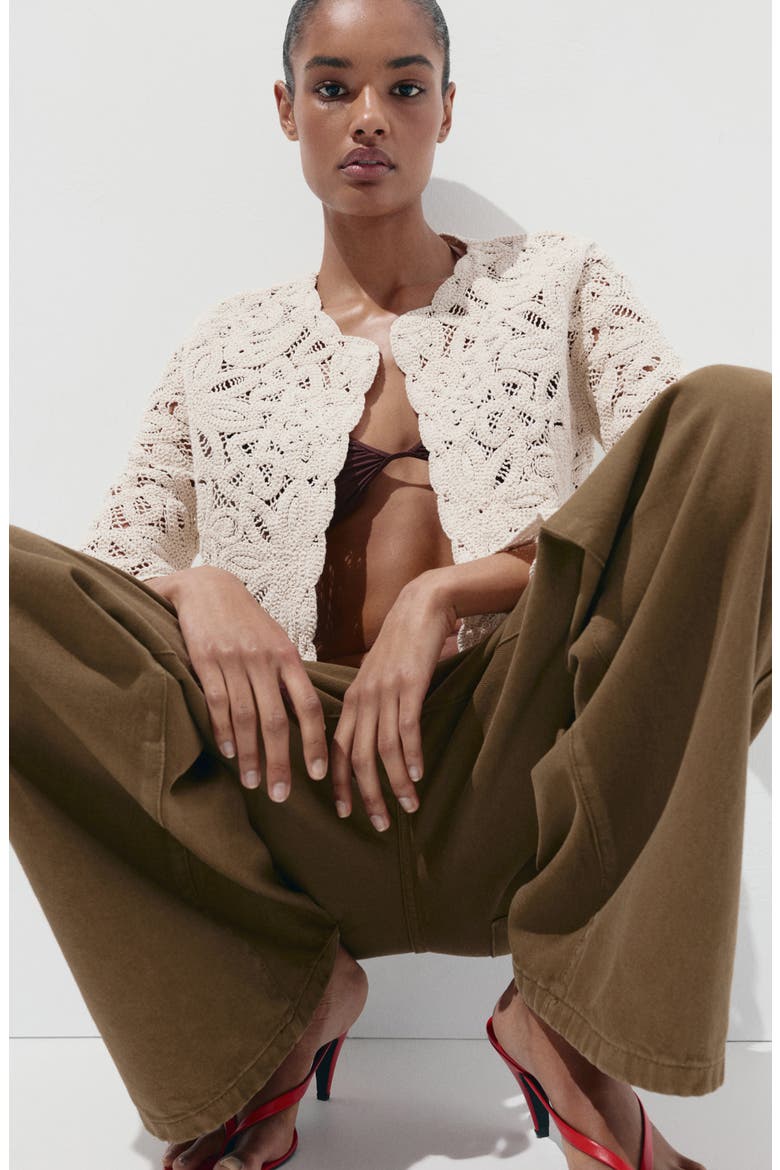 Crochet Cotton Blend Cardigan, Alternate, color, SAND