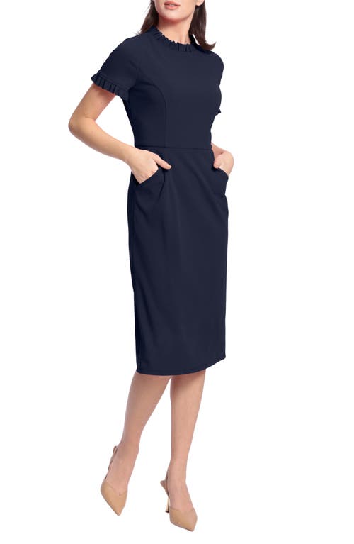 Maggy London Ruffle Short Sleeve Pocket Sheath Dress In Blue
