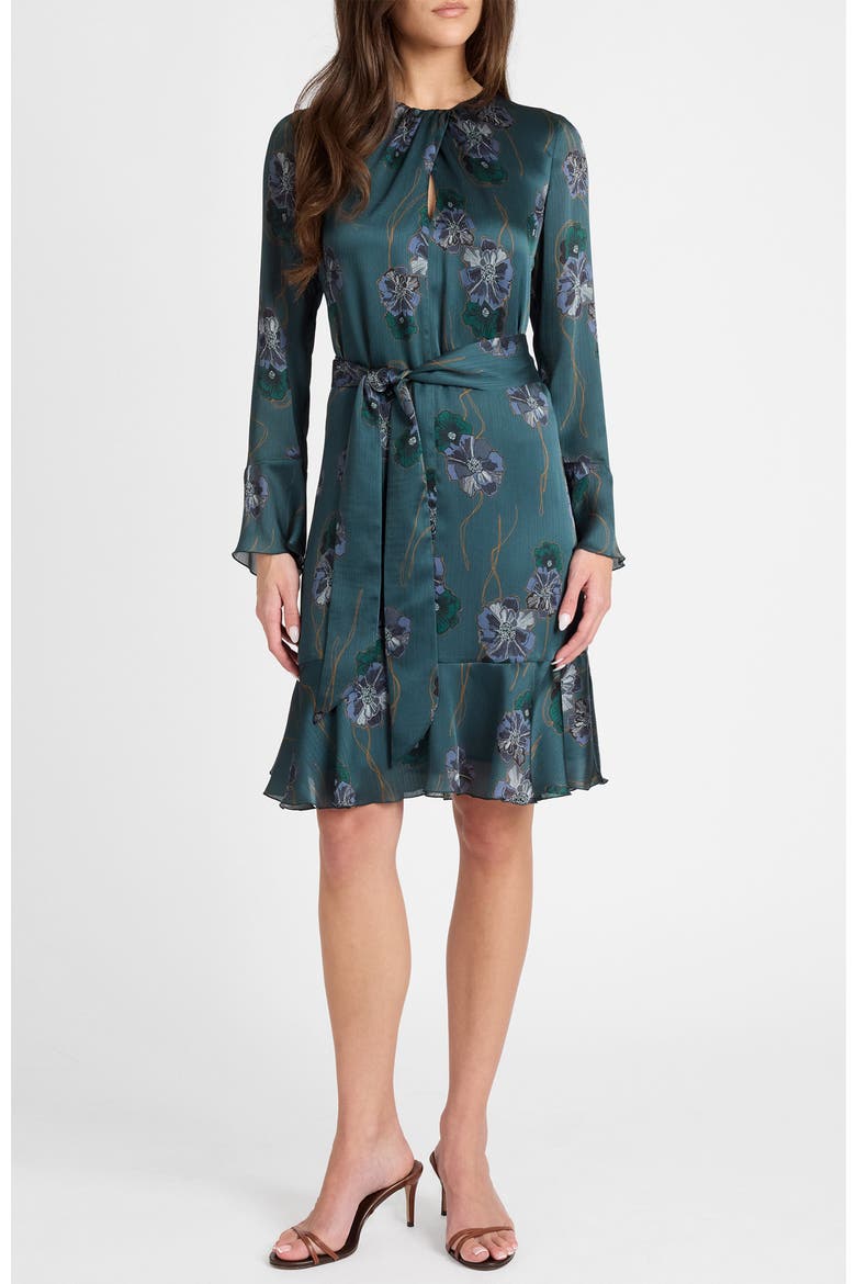 Drake Long Sleeve Printed Shift Dress with Ruffled Skirt, Alternate, color, Steel Teal