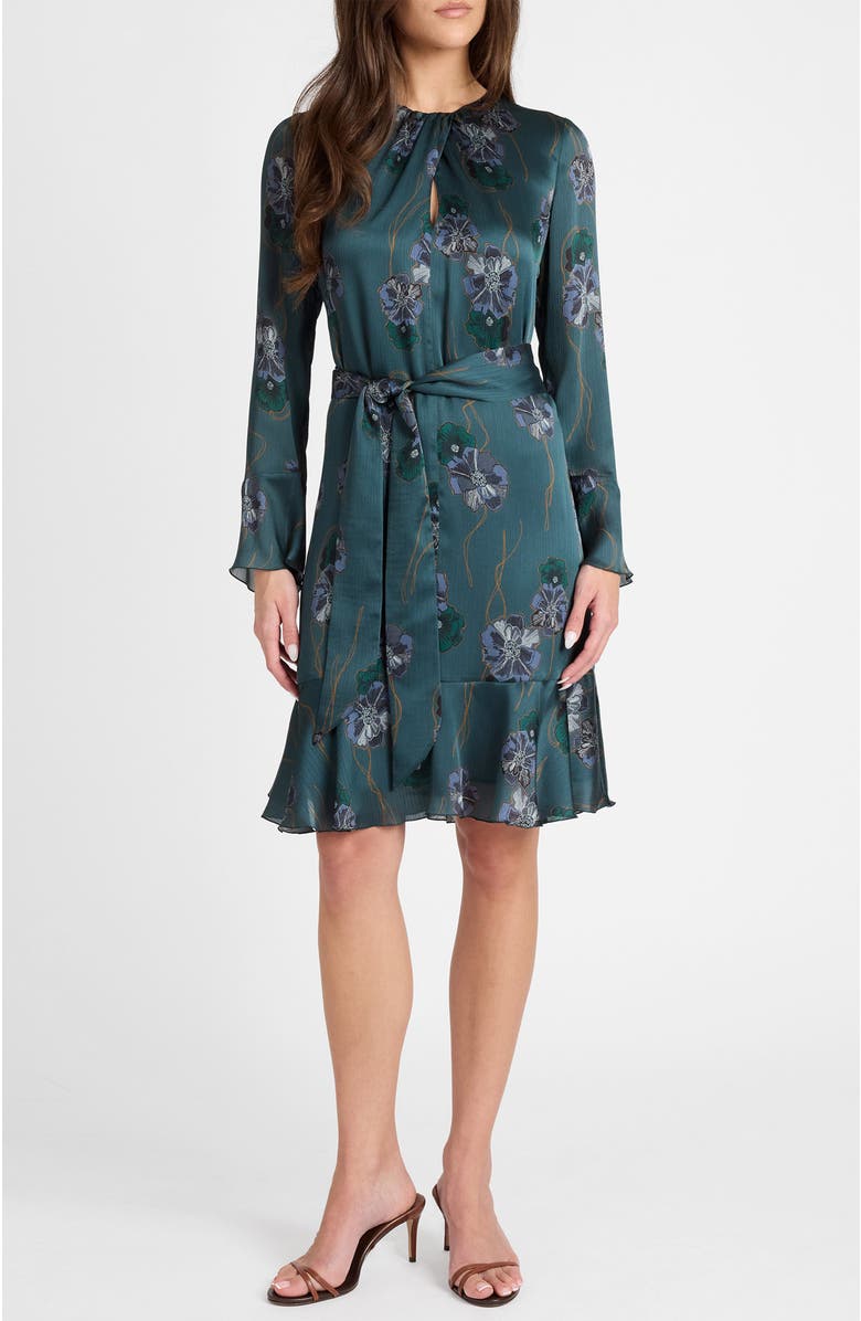 Santorelli Drake Long Sleeve Printed Shift Dress with Ruffled Skirt, Alternate, color, Steel Teal
