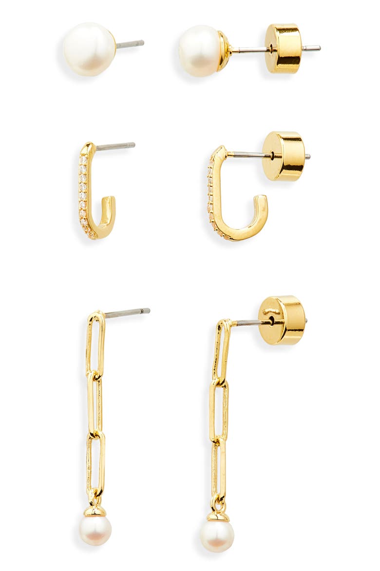 Set of 3 Demi Fine Cubic Zirconia & Pearl Earrings, Main, color, CLEAR- WHITE- GOLD