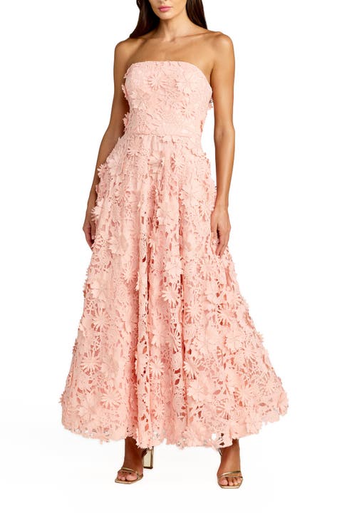 Floral Lace Strapless A Line Midi Dress