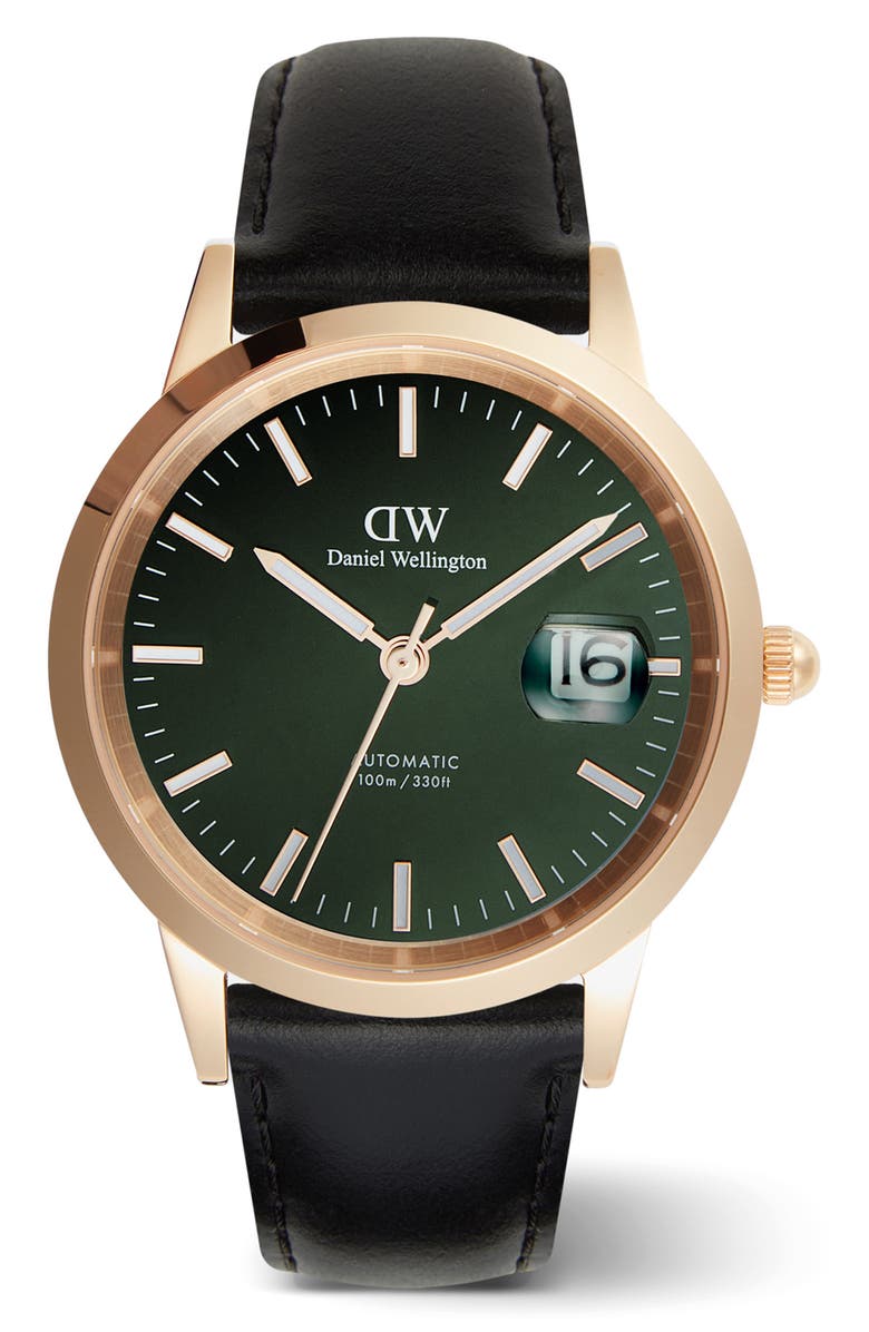 Daniel Wellington Iconic Automatic Sheffield Leather Strap Watch, 40mm, Main, color, Rose Gold