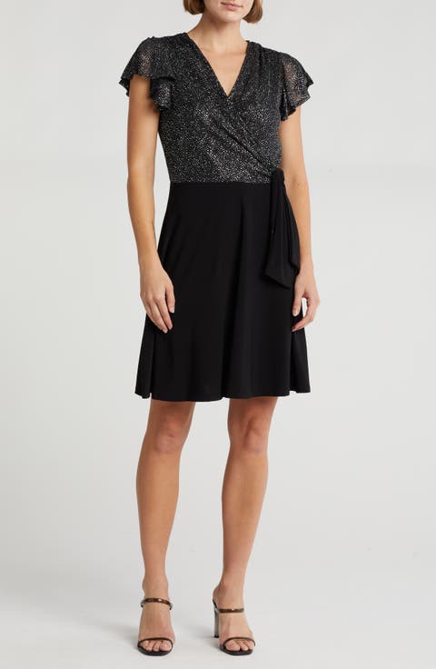 Glitter Dot Short Sleeve Faux Wrap Dress