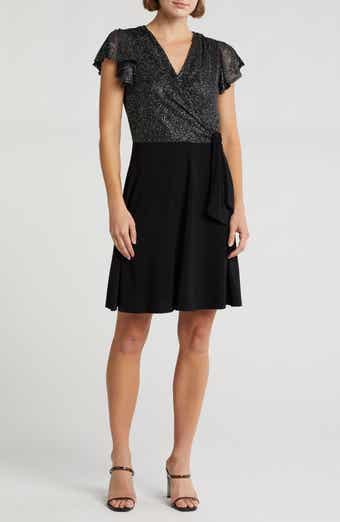 Glitter Dot Short Sleeve Faux Wrap Dress