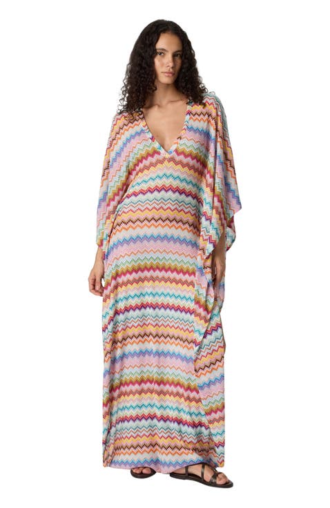 Long Caftan Cover-up With Micro Pixel-effect Zigzag Pattern