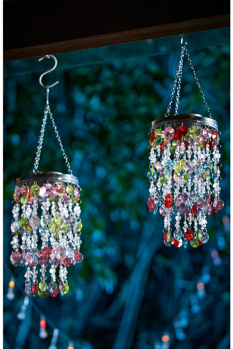 Set of 2 Solar Lighted Acrylic Jewel Beaded Wind Chime or Chandelier Hanging Decor, Alternate, color, Red